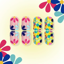 Flower Press on Nails Short Square Fake Nails with Designs Glitter False Nails Floral Glossy Full Cover Acrylic Nails Blue Glue on Nails Spring Artificial Stick on Nails for Women Manicure 24 Pcs