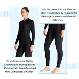 Skyone Wetsuits for Men Women, 3MM Neoprene Wetsuit Full Body Wet Suit in Cold Water, Scuba Diving Suit Long Sleeves Front Zip Warm Swimsuit for Swimming Surfing Snorkeling (Women Black, Medium)