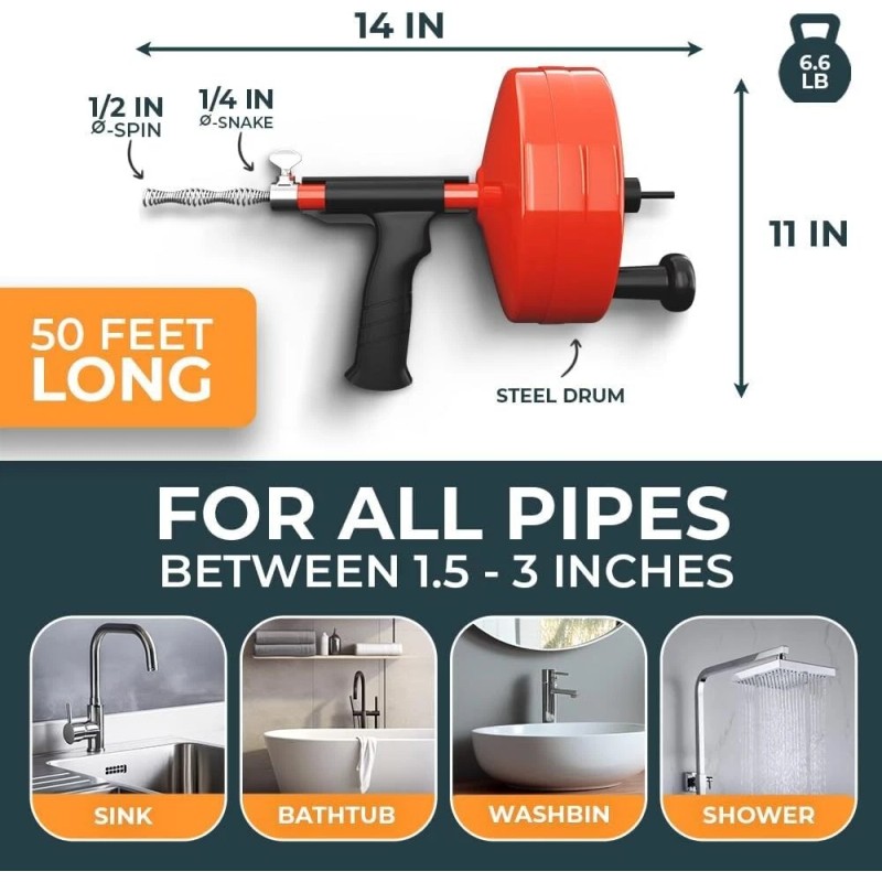 Solid 50 FT Plumbing Snake with Drill Attachment - Eco-Friendly