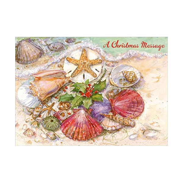 Designer Greetings Boxed Red Farm Studios Christmas Cards, Various Seashells with a Starfish and Holly (Box of 18 Nautical/Coastal Holiday Cards with White Envelopes),Sand & Seashells,125-00836-000