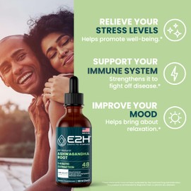 E2H Ashwagandha Liquid Drops - All-Natural Ashwagandha Supplement for Stress Relief and Mood Enhancer- Organic Ashwagandha Root Extract Effective Cortisol Manager | Non-GMO, Vegan | 2 Fl Oz