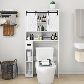 FZBYQWD Over The Toilet Storage Cabinet, Farmhouse Storage Cabinet Over Toilet with 2 Sliding Door & Toilet Paper Holder Stand，Home Space-Saving Toilet Rack