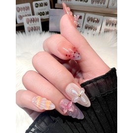 Handmade Press On Nails impress Fake Nails Medium Almond 3D Sea Shell Summer Cute beach nails Butterfly Finger Manicure glue False press ons Nail Artificial (S size)