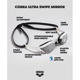 Arena Cobra Ultra Swipe Racing - anteojos de natación para Hombres y Mujeres, Lente Espejo, antivaho, protección UV, Plateado/Dorado