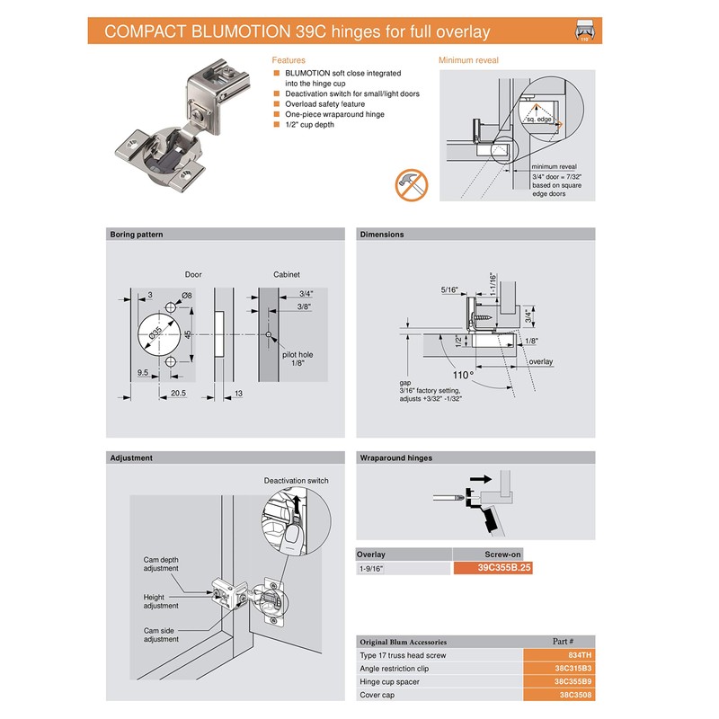 Blum 39C355B.25 Compact BLUMOTION 39C Hinge, Soft-Close, 110 Degree, 1-9/16