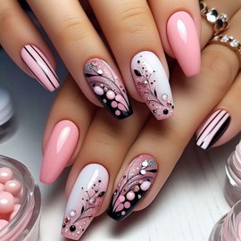 Long Press on Nails Pink Coffin Fake Nails Black White Flower with Sequins Designs False Nails Spring French Sweet Pure Color Floral Nail Set Artificial Acrylic Glue on Nails for Women