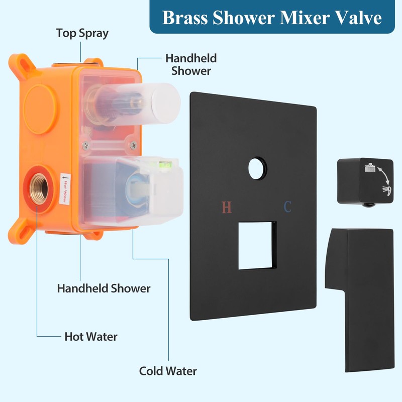 Matte Black Square Shower Head with Handheld Set, Rainfall Shower