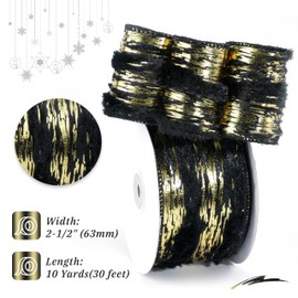 DINDOSAL Black and Gold Christmas Ribbon Wired 2.5'' X 10 Yards Black Faux Fur Wired Ribbon for Christmas Tree Ribbon Black Birch Bark Ribbon for Gift Wrapping,Bows,Garlands,Wreaths,Home Decor