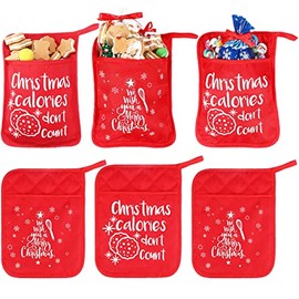 6 Pieces Christmas Pot Holders with Pocket Pot Holder Kitchen Hot Pad Oven Mitts Farmhouse Hot Potholders Cookie Bag for Christmas Kitchen Gift Cooking Baking (Red, Tree Style)