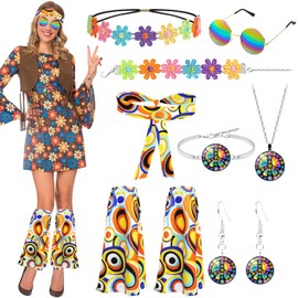 8 Piece Hippie Costume Women's Set, 60s 70s Hippie Clothing with Leg Sleeves Headband Sunglasses Necklace Earrings Bracelets Hippy Accessories for Women Carnival Theme Disco Party