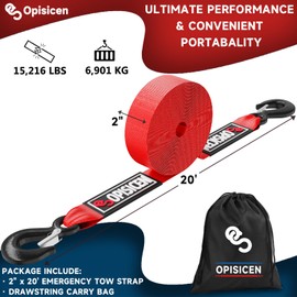 Tow Strap with Hooks 2 Inch x 20 Foot - 15,216 lbs Breaking Strength Emergency Heavy Duty Capacity Tow Rope Forged Steel Hooks for Car Truck Jeep ATV SUV, Roadside Recovery (Red, 2" x 20')