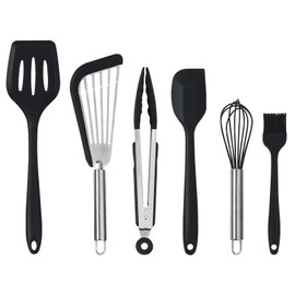 MAXCOOK Silicone Cooking Utensils,Heat Resistant Kitchen Utensil Set of 6，Rubber Spatulas Whisk Nonstick Cookware Kitchen Utensils Gadgets Tools Set for Cooking Frying,Baking (Dishwasher Safe, Black)