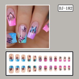 24Pcs French Tip Press on Nails Butterfly Fake Nails Square Nail Designs Spring Summer Acrylic Nails Colorful Glue on Nails Cute Full Cover False Nails Reusable Press on Nails for Women Girls