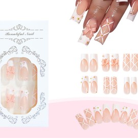 IMSOHOT Medium Press on Nails Square Orange Fake Nails Glossy 3D Flower & Bow French False Nails Tips Glossy Glue on Acrylic Nails Full Cover Gel Stick on Artificial Nails Press ons 24Pcs