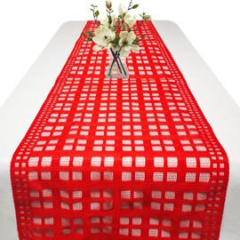 Ymsone Red Lace Checkered Table Runner, Home Kitchen Dining Room Gingham Plaid Decorations, 12 x 72 Inches