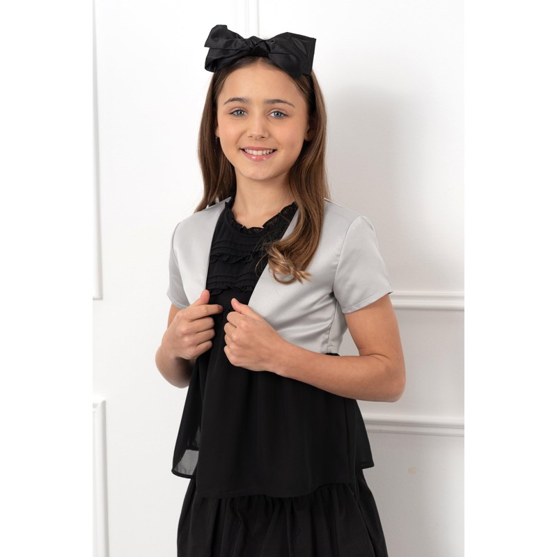 BlackButterfly Niñas Satín Corto Manga Torera Chaquetilla (Plata, 5-6 años)