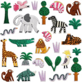 26 parches para planchar de animales de la selva para niños, bonitos apliques bordados de safari con elefante, león, jirafa, cebra, cocodrilo, árboles, para ropa, mochilas, chaquetas, manualidades
