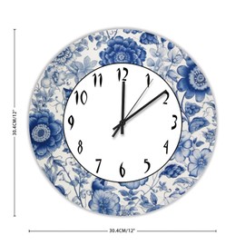 12 Inch PVC Clock Blue and White Porcelain Floral Round Wall Clock Non-Ticking Quartz Battery Operated Wall Clocks Retro Wall Clock for Bedroom Living Room Kitchen Office
