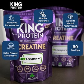KING Protein Creatina Monohidratada 100% Pura Sin Sabor | 5g por porción | Vegana y sin azúcar | Polvo de Creatina Monohidratada Creapure® con scoop i