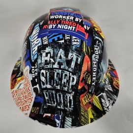 Pyramex full brim hard hat custom hydro dipped IN CONSTRUCTION WORKER STICKER BOMB NEW - 4pt suspension