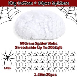 VEYLIN 60g Halloween Spider Web Decoration, with 30pcs Fake Spiders, Stretchable Halloween Cobwebs for Halloween Decorations