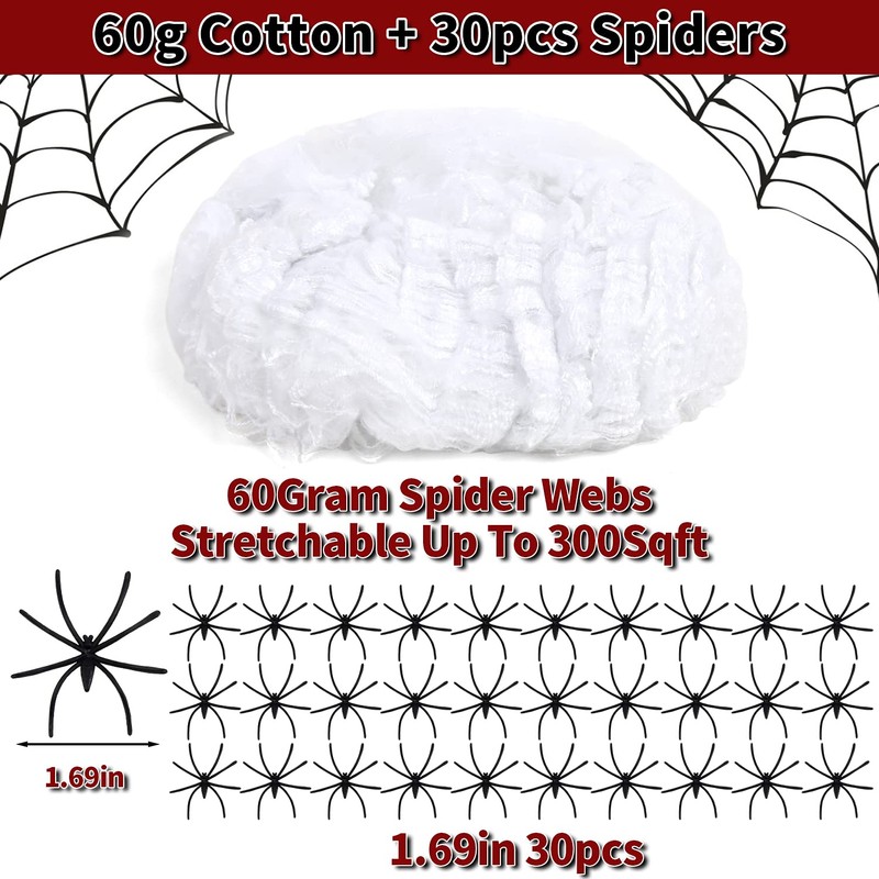 VEYLIN 60g Halloween Spider Web Decoration, with 30pcs Fake Spiders,