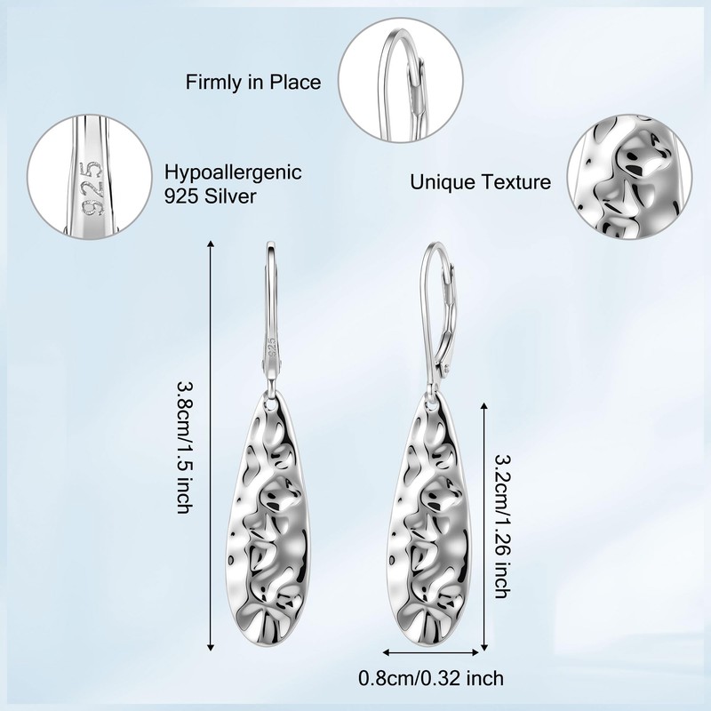 Trinckle 925 Sterling Silver Teardrop Earrings, Hammered Leverback Earrings