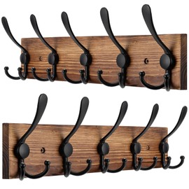 Kuhome 2pcs Coat Rack Wall Mount Wooden Hat Rack for Wall Hooks Pine Real Wood Plank 16.9" Brown Coat Hanger with 5 Triple Hooks for Hanging Coat Hat Jacket