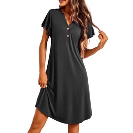 Ekouaer Nighties for Women Nightdress Short Sleeves Sleep Dress Nightgown Soft Sleepwear Ladies Loose Loungwear V Neck Nightshirts,Black,S