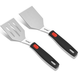 POTWIY Stainless Steel Spatula Set, Solid and Slotted Turner, Small Metal Spatulas for Cast Iron Skillet with Silicone Handle, Kitchen Utensils Spatula for Cooking and Serving Egg, Burger and Cookie
