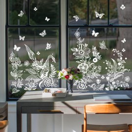 Supzone White Flower Butterflies Window Clings Spring Summer Floral Window Decals Anti-Collision Static Window Stickers Glass Decoration