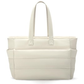 bagasin Women's Puffy Tote Bag, Lightweight Quilted Bag with Compartments, Shoulder Bag for Everyday and Travel - Black & Beige, beige
