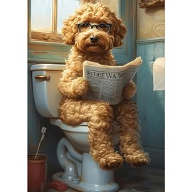 GDYEEH Puppy Reads Newspaper Diamond Painting Adults, 5D Dog Diamond Art Pictures Beginner, DIY Round Full Drill Bathroom Diamonds Painting Embroidery Cross Stitch Gifts Home Wall Decor 30 x 40 cm