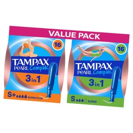 Tampax Pearl Compak Super Plus and Super Tampons Bundle 32 Count (16 of Each) Compact Applicators for Comfortable, Reliable Leak Protection on Moderate to Heavy Flow