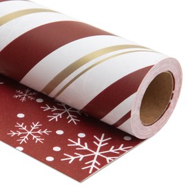 Vnaaem Reversible Christmas Wrapping Paper - Mini Roll - 17 Inches X 33 Feet - for Girls Boys Kids Men Women - Red White Snowflakes and Gold Stripe Pattern Great for Holiday Birthday, Party, Baby Shower