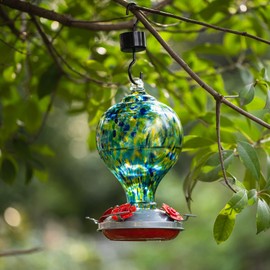 LaElvish Garden Hummingbird Feeders for Outdoors Hanging, 32OZ Hand Blown Glass Hummingbird Feeder for Outside, 4 Perch Ant Moat Leakproof, Garden Decor, Backyard Bird Gifts for Mom (Blue)