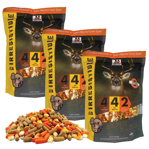 Herron Outdoors 4-4-2 Protein Pellets, Whole Corn & Blaze Orange Protein - Deer Attractants for Whitetail Deer, and Feed Bait for All Hunters All Seasons-5Ib (3 Pack)