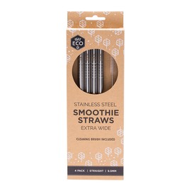 Ever Eco 4 Pack Straight Extra Wide Stainless Steel Smoothie Straws + Cleaning Brush