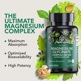 PlantFusion Vegan Magnesium Glycinate Complex 400 mg - High Absorption & Bioavailability - Chelated - Supports Muscle Relaxation, Sleep, Cardio Health, Stress Relief, and Energy Production - Non GMO