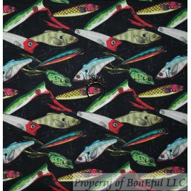 Signature BonEful Fabric FQ Cotton Quilt Black Green Gold Fish Fly Trout Bass Lake Water S