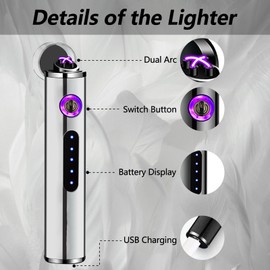 TIKIUKI eletric Lighter USB Rechargeable Windproof Mini Lighter Cylindrical Lighter Suitable, Light and Portable Suitable for take-Out(Silver)