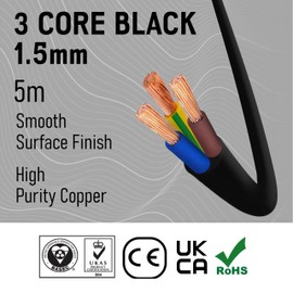 Primes DIY 3 Core Round Black Flex Flexible Cable, stranded electrical copper wire, Insulated Flexible PVC Wire, Stranded Wire High Temperature Resistance, 3182Y BASEC Approved 1.5mm(5 Meter)
