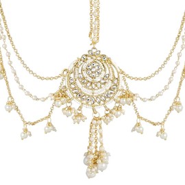 Aheli Traditional Gold Plated White Kundan Pearl Studded Maang Tikka Matha Patti for Women (AH-PF37T2083W)