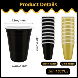80 Pcs Black and Gold Plastic Cups- 16 oz Reusable Plastic Party Cup Sturdy Colored for Drinking Wedding Birthday Party Christmas