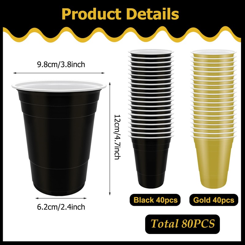 80 Pcs Black and Gold Plastic Cups- 16 oz Reusable