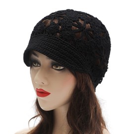 ZLYC Women Summer Slouchy Crochet Hat Handmade Cutout Knit Skull Cap with Visor (Plain Black)