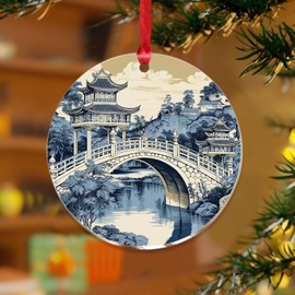 3" Acrylic Christmas Ornaments 2024 Chinoiserie Asian Pagoda White Blue Farmhouse Xmas Ornament Bauble Holiday Christmas Tree Party Decorations Indigo Pagoda Flower Keepsake Stocking Name Tag