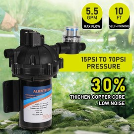 ALIESTFDNO RV Fresh Water Pump, 6.5GPM 70PSI 12V DC Water Pump, Five Chamber Self-Priming Diaphragm Water Pump, with Heavy Duty Pressure Switch and Strainer for RV, Caravan, Marine, Yacht, Camper