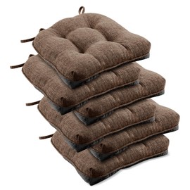 downluxe Indoor Chair Cushions for Dining Chairs, Tufted Overstuffed Textured Memory Foam Kitchen Chair Pads with Ties and Non-Slip Backing, 15.5" x 15.5" x 4", Brown, 6 Pack