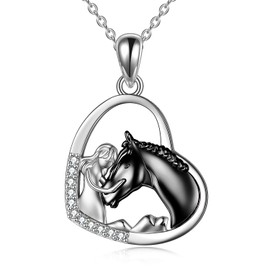 YFN Girl and Horse Necklace for Girls, Sterling Silver Horse Jewellery, Horse, Gifts for Women, Sterling Silver, Black Horse with Girls Necklace